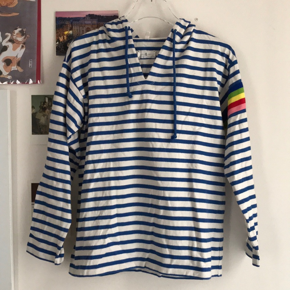 Lou & Grey White and Blue Striped Hooded Pullover with Rainbow Sleeve Detail